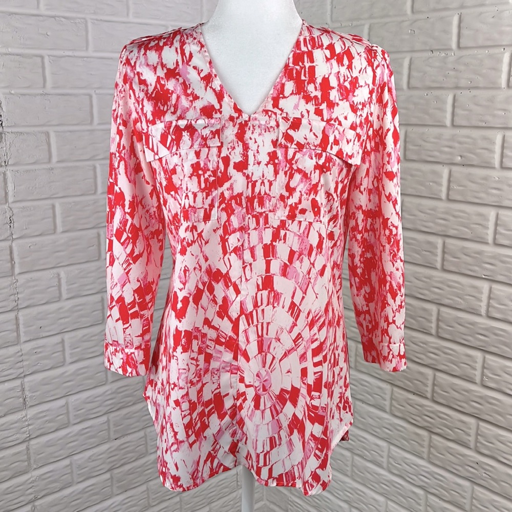 RED SAKS FIFTH AVENUE Coral Pink White 3/4 Sleeve Blouse Size Medium